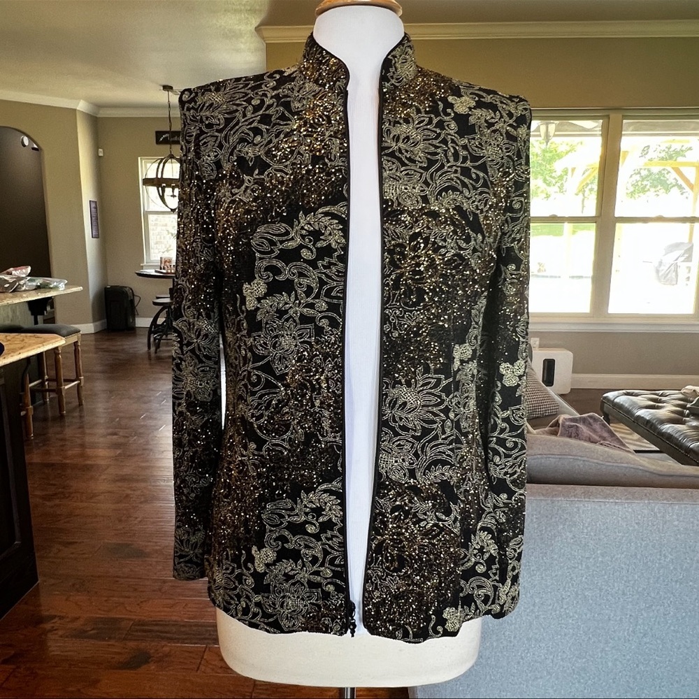 Jeanne Alexander Medium Vtg Zip front jacket gold metallic sparkle Shoulder pads - Picture 6 of 15